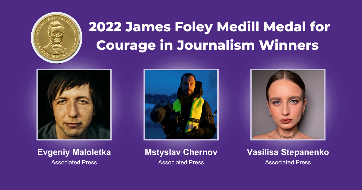 Winners' head shots with photo of Medill medal.