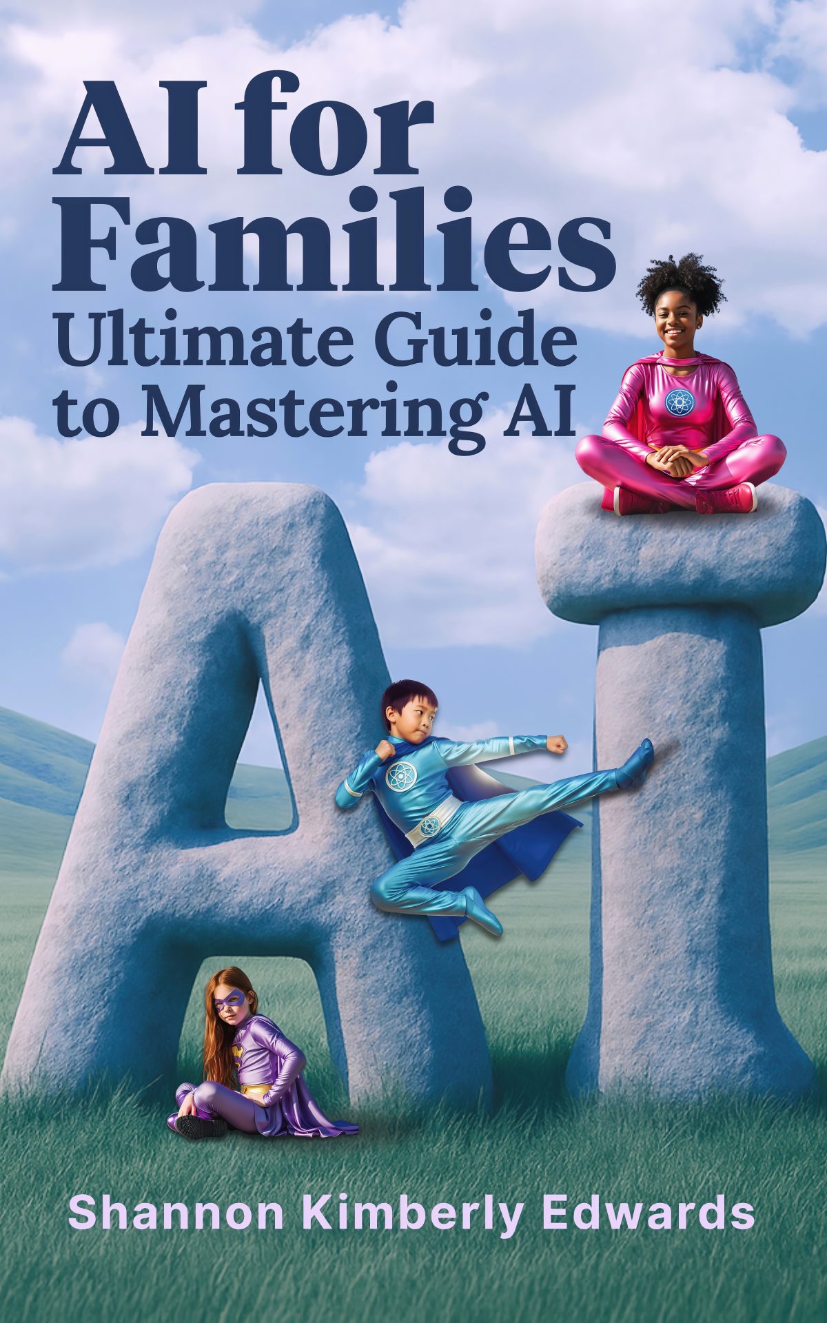 AI for Families book cover featuring kids dressed as superheroes around giant "AI" letters.