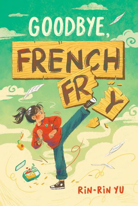 Girl kicks "French" sign, book cover art
